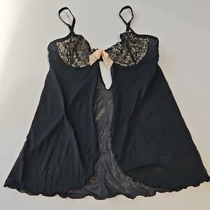 Black Lace Sheer Babydoll Chemise Camisole Top Size Medium